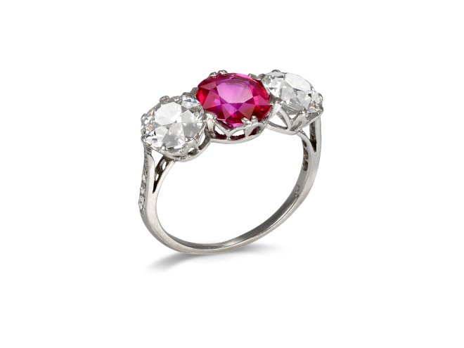 Burmese ruby and diamond three stone ring, circa 1920.