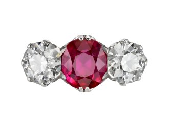 Burmese ruby and diamond three stone ring, circa 1920.