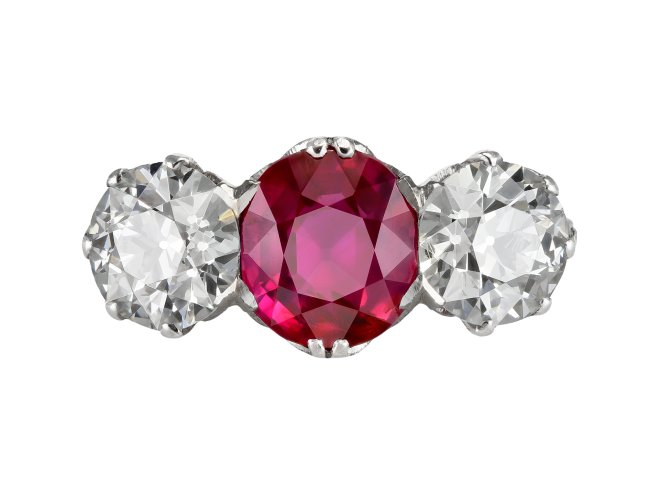 Burmese ruby and diamond three stone ring, circa 1920.
