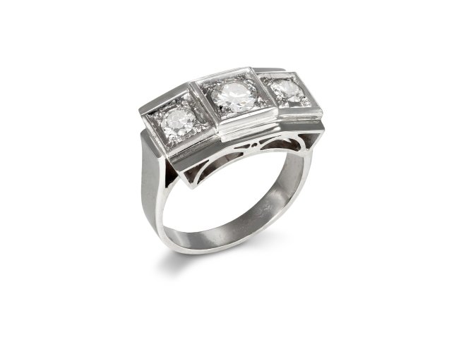 Diamond three stone ring, French, circa 1950. 