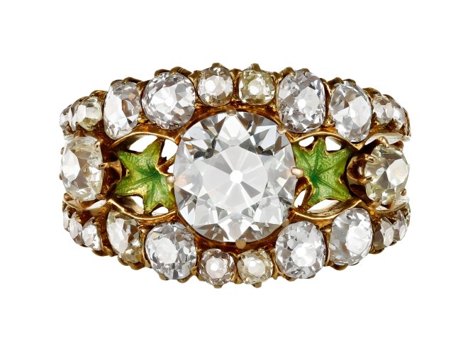 Art Nouveau diamond and enamel cluster ring attributed to Masriera, circa 1905. 