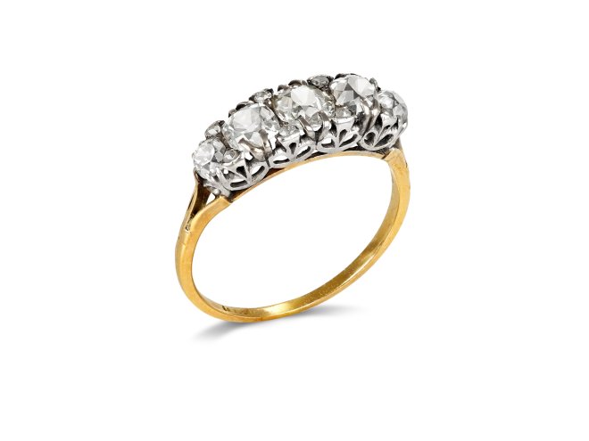 Diamond five stone ring, circa 1940.