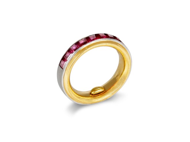 Hemmerle ruby half eternity ring, German, circa 1970. 
