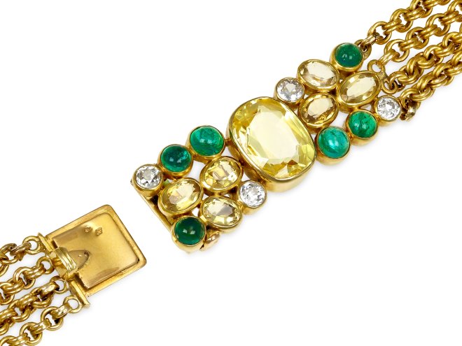 Suzanne Belperron Multi Strand yellow sapphire and emerald necklace, French, 1957. 