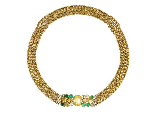Suzanne Belperron Multi Strand yellow sapphire and emerald necklace, French, 1957. 