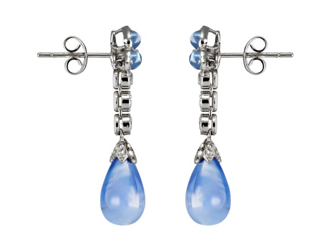 Sapphire and diamond drop earrings, circa 1915.