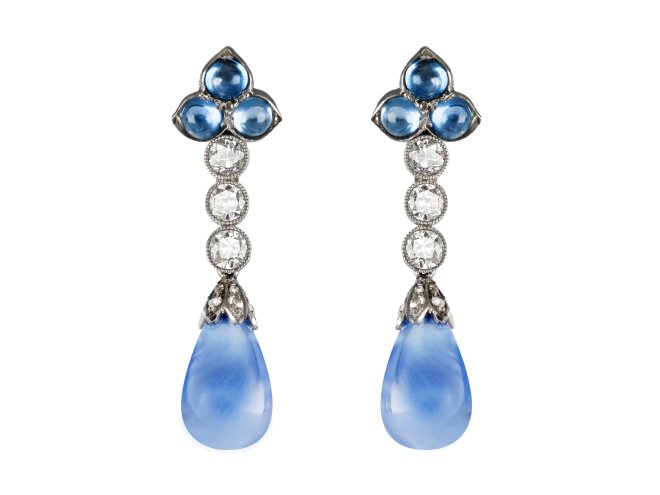 Sapphire and diamond drop earrings, circa 1915.