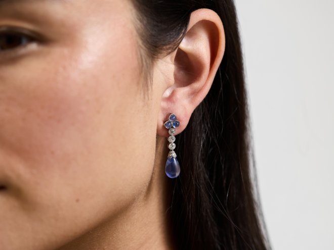 Sapphire and diamond drop earrings, circa 1915.