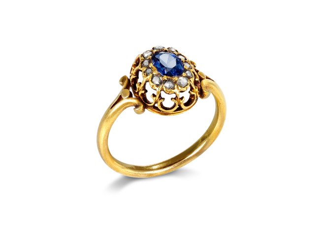 Sapphire and diamond coronet cluster ring, circa 1890.