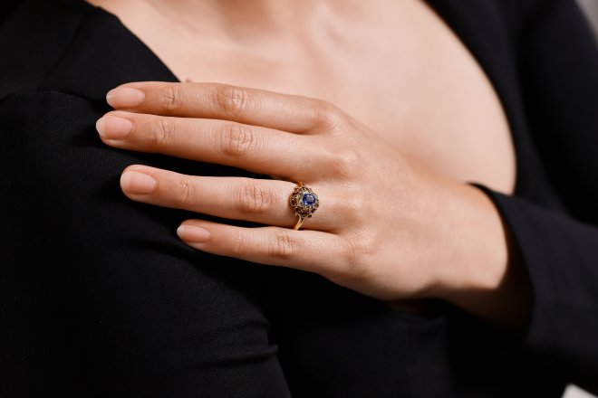 Sapphire and diamond coronet cluster ring, circa 1890.