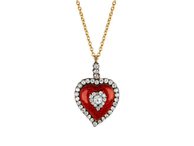 Guilloch&eacute; enamel and diamond heart pendant, circa 1880.