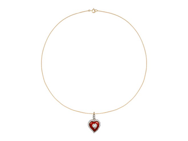 Guilloch&eacute; enamel and diamond heart pendant, circa 1880.