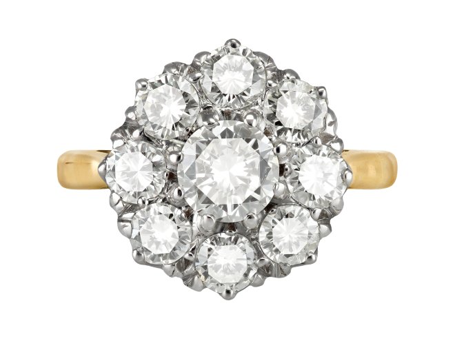 Diamond coronet cluster ring, circa 1940. 