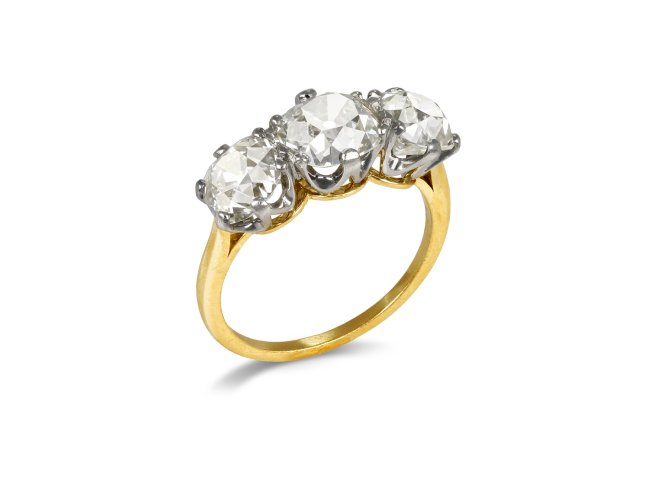 Old mine diamond three stone ring, early 20th Century.