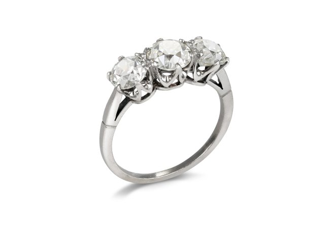 Old cut diamond three stone ring, early 20th Century.