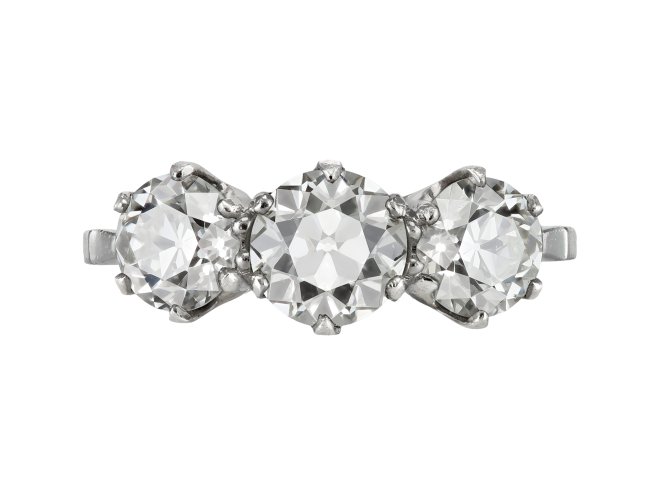 Old cut diamond three stone ring, early 20th Century.