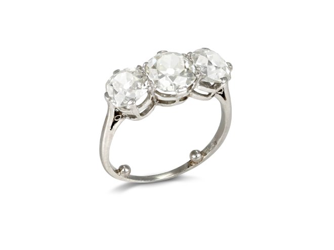Diamond three stone ring, circa 1920. 