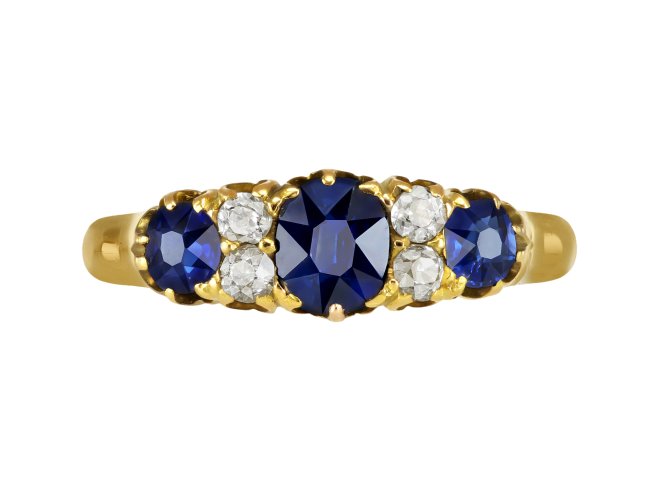 Victorian sapphire and diamond seven stone ring, English, 1893.