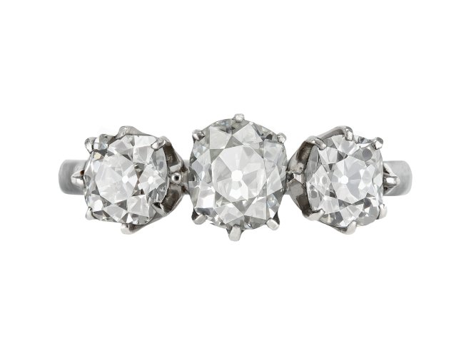 Old mine diamond three stone ring, early 20th Century. 