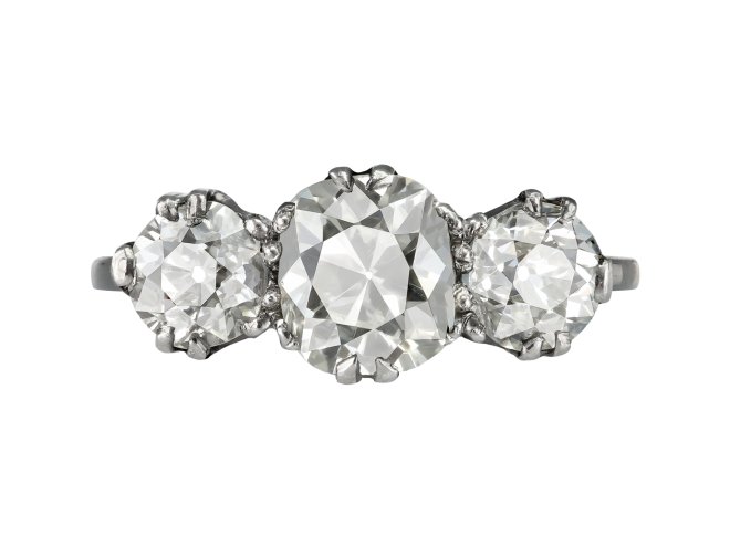 Old mine diamond three stone ring, early 20th Century.