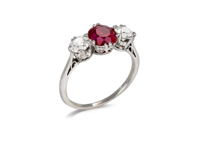 Burmese ruby and diamond three stone ring.