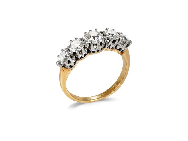 Edwardian diamond five stone ring, circa 1905. 