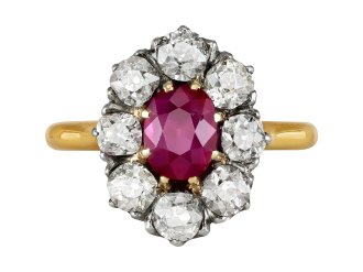 Burmese ruby and diamond coronet cluster ring, French, circa 1910.