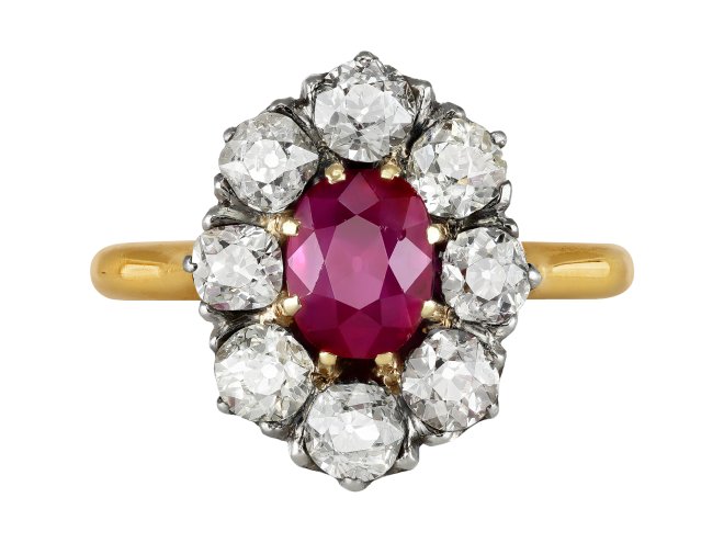Burmese ruby and diamond coronet cluster ring, French, circa 1910.