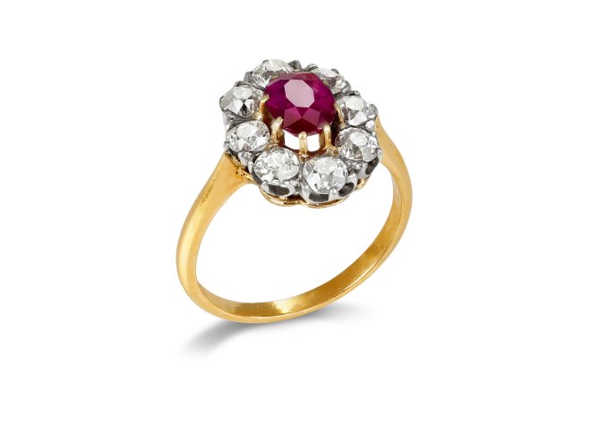 Burmese ruby and diamond coronet cluster ring, French, circa 1910.