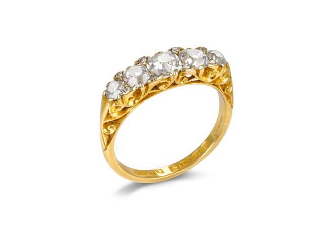 Diamond five stone ring, English, 1906.