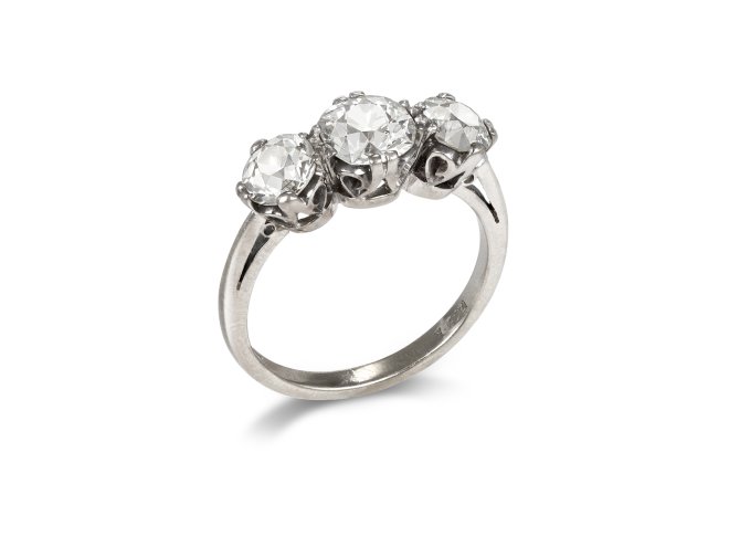 Diamond three stone ring, English, 1979.