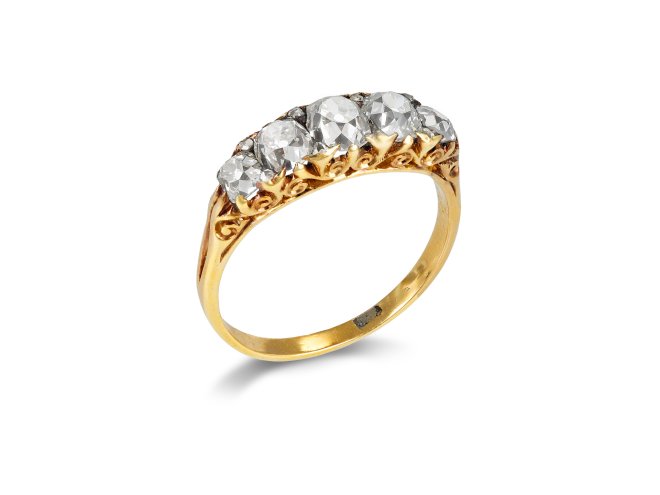 Victorian diamond carved five stone ring, late 19th Century. 