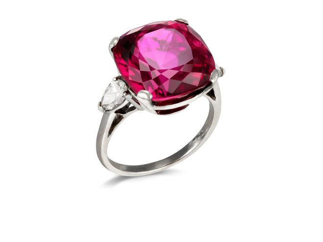 Tourmaline and diamond flanked solitaire, French, mid 20th Century. 