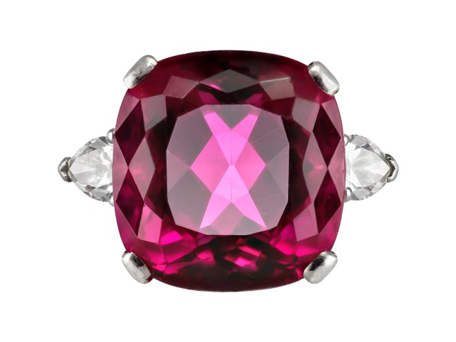 Tourmaline and diamond flanked solitaire, French, mid 20th Century. 