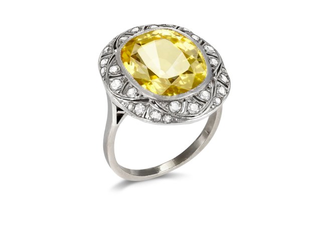 Yellow Ceylon sapphire and diamond coronet cluster ring, early 21st Century. 