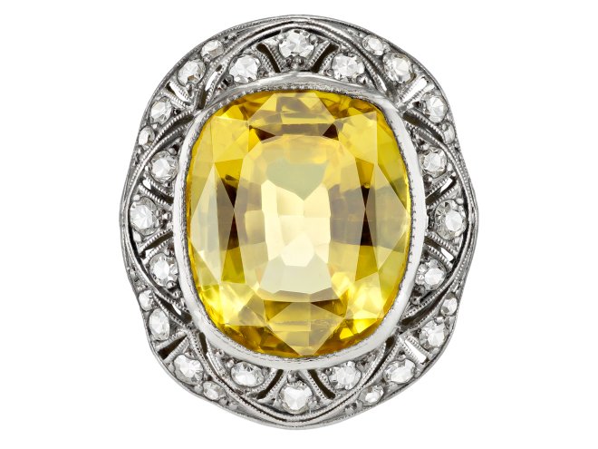 Yellow Ceylon sapphire and diamond coronet cluster ring, early 21st Century. 