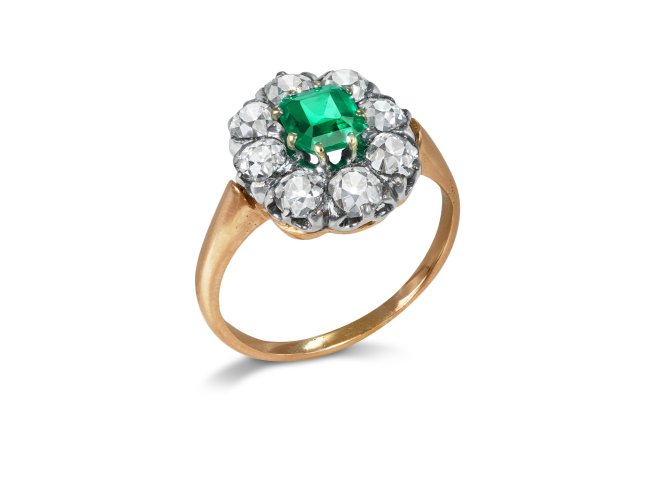 Colombian emerald and diamond coronet cluster ring, circa 1910.