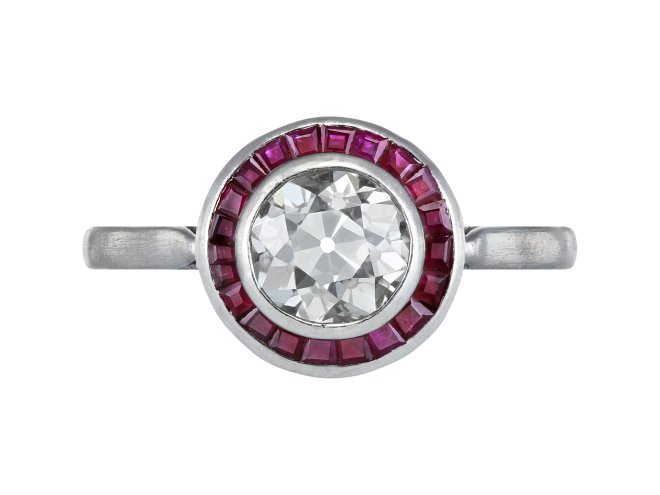 Diamond and ruby target ring, French, circa 1920.