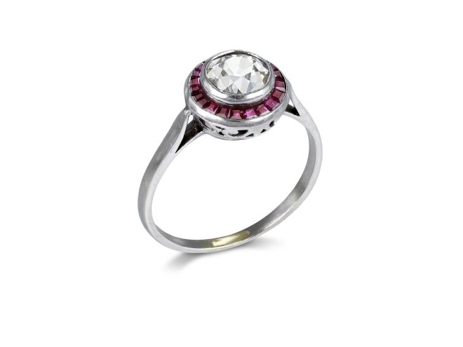 Diamond and ruby target ring, French, circa 1920.