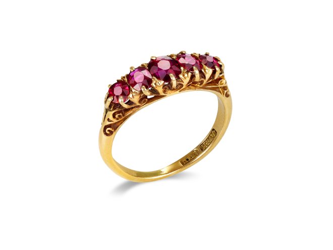 Ruby five stone ring, late 19th Century.