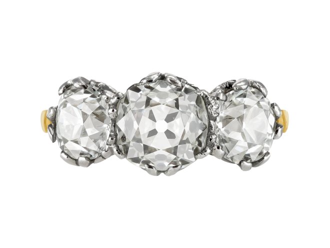Old mine diamond three stone ring, early 20th Century.