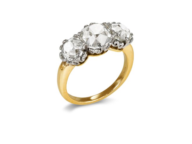 Old mine diamond three stone ring, early 20th Century.