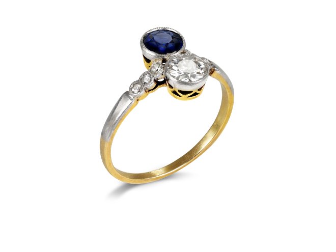 Sapphire and diamond two stone ring, early 20th Century.