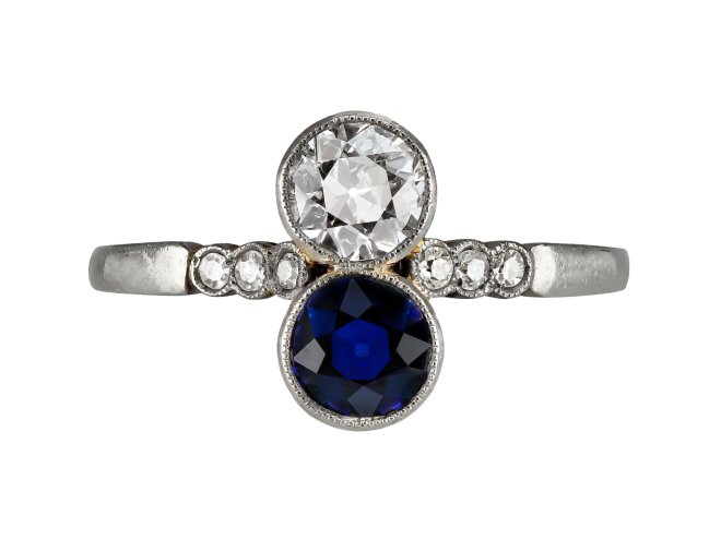 Sapphire and diamond two stone ring, early 20th Century.