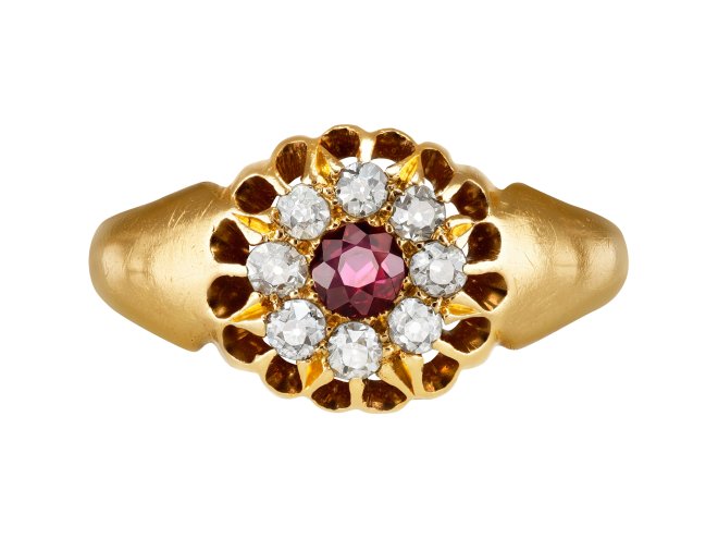 Ruby and Diamond coronet cluster ring, English, 1909.