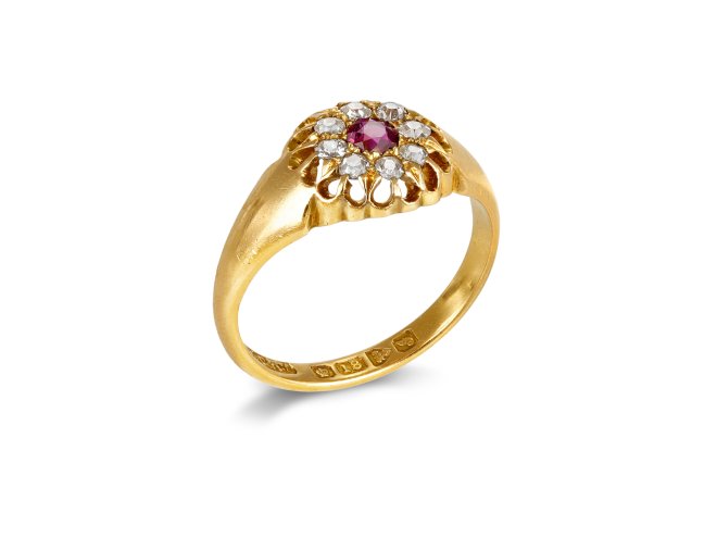 Ruby and Diamond coronet cluster ring, English, 1909.