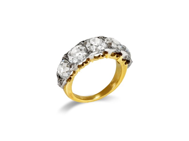 Cushion shape old mine diamond five stone ring, early 21st Century. 