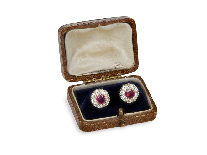 Burmese ruby and diamond earrings, late 19th Century.