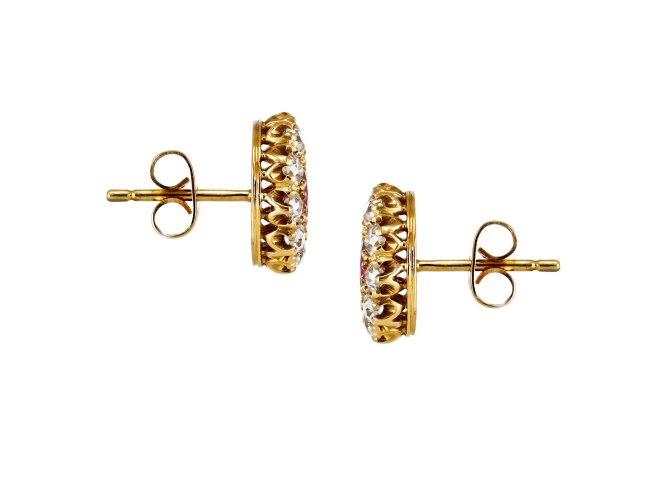 Burmese ruby and diamond earrings, late 19th Century.