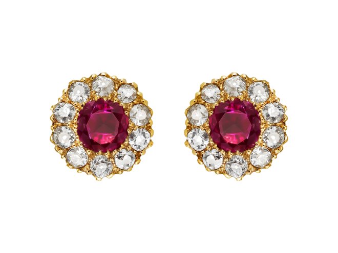 Burmese ruby and diamond earrings, late 19th Century.